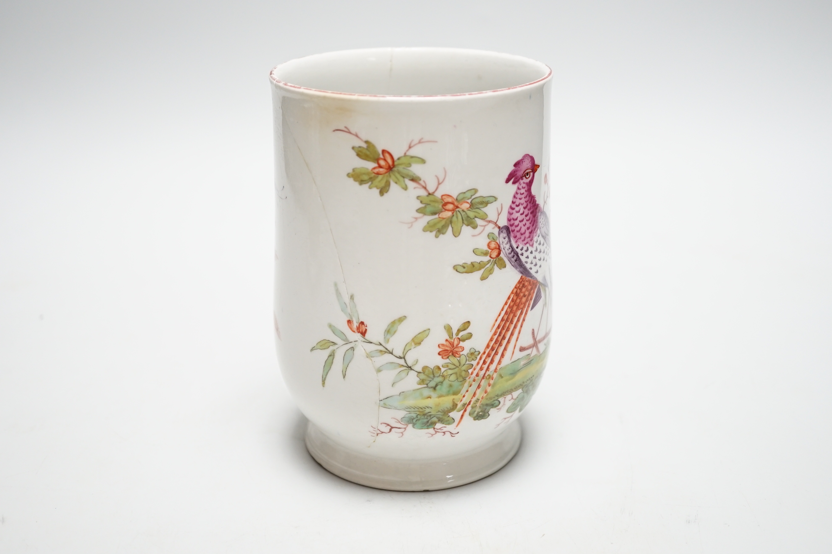 A large 18th century Bow ‘Fantastic Birds’ porcelain mug, 15cm (a.f)